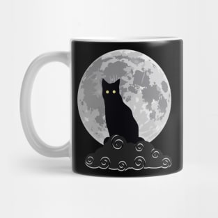 full moon and a black cat on a dark cloud Mug